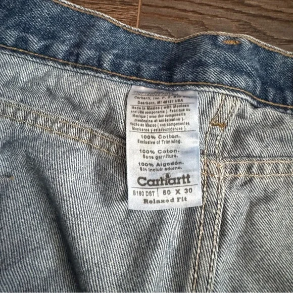 Carhartt Men’s Blue Denim Jorts Pants Size 50x25  Straight 07 Leather Patch - Picture 3 of 4